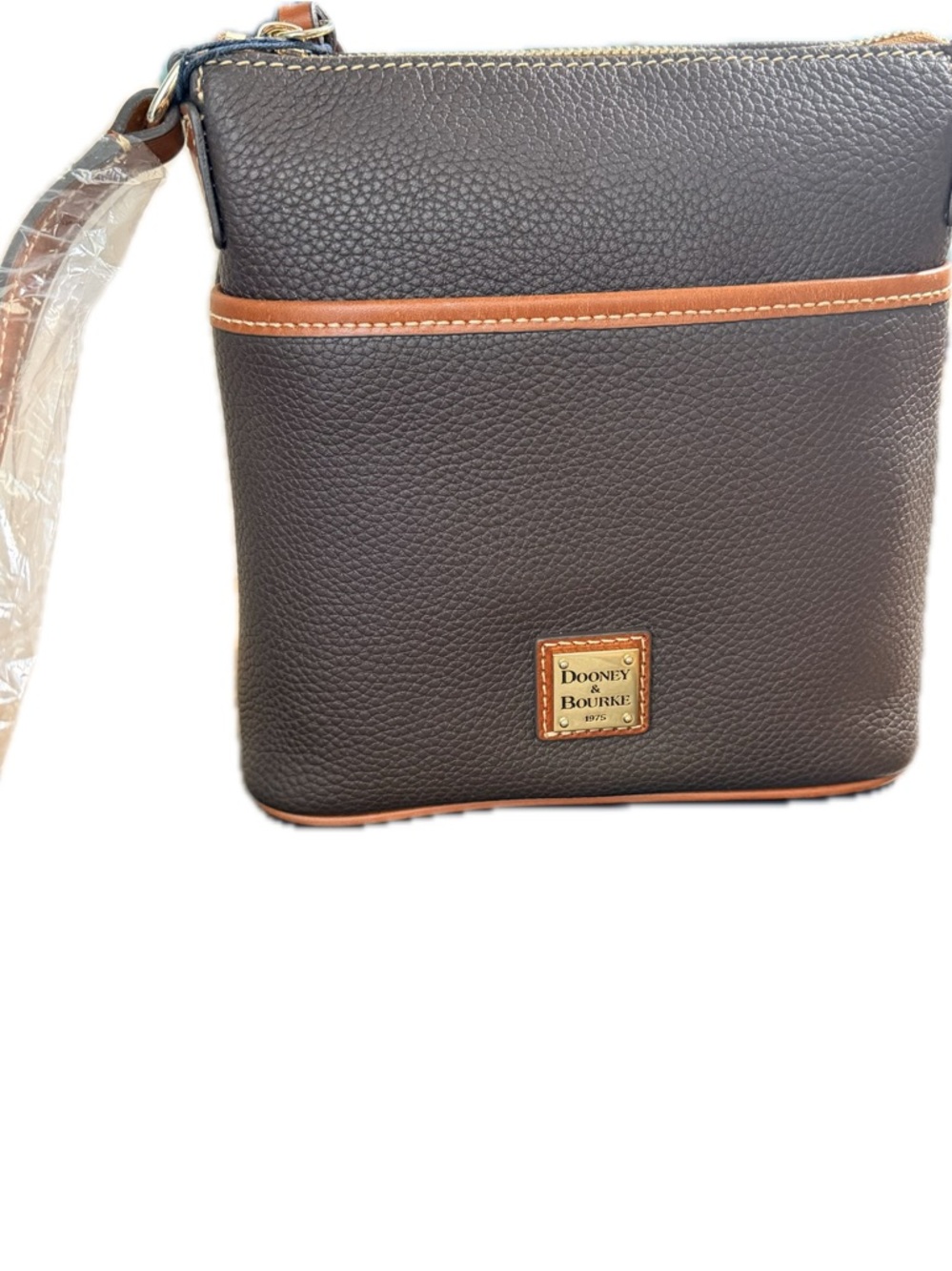 Dooney & Bourke Dark Brown Pebbled Leather Messenger with Tan Trim